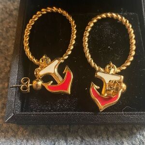 Vintage Avon Nautical Anchor Gold Tone Cream and Red Enamel Pierced Earrings
